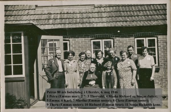 1946 Petras 80 års fødselsdag 6. maj i Ullerslev
Petra, Emmas mor bor hos Thora og Thorvald 
Se forrige billede
Nøgleord: Ullerslev;petra_hansen;thorvald_nielsen;emma_andersen;karl_rasmussen;martha_andersen;clara_andersen;thora_andersen;richard_andersen;sonja_damgaard_nielsen