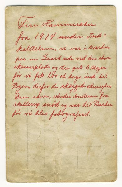 1914 Karls soldaterkammerater
Tekst på billedets bagside
Nøgleord: karl_rasmussen